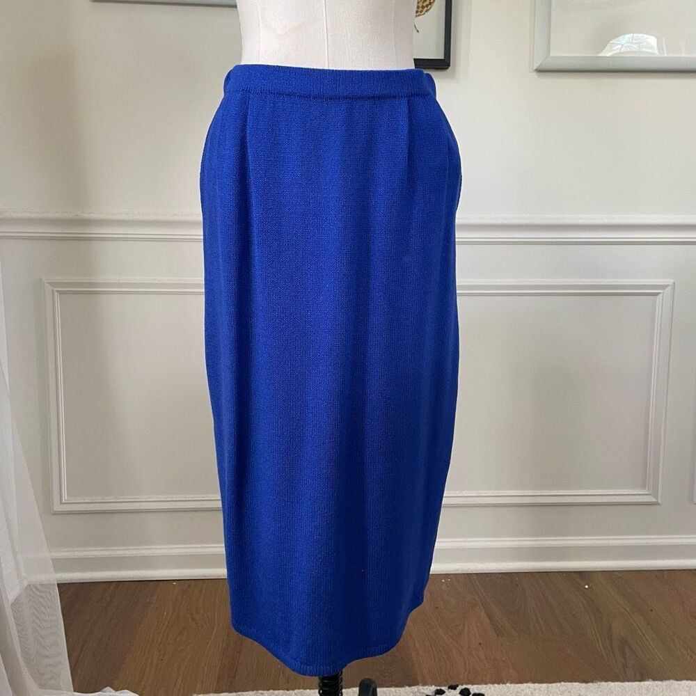 Vintage St John 3pc Skirt Suit Santana Knit Cobalt Blue Silk Scarf M 10 - Picture 10 of 10